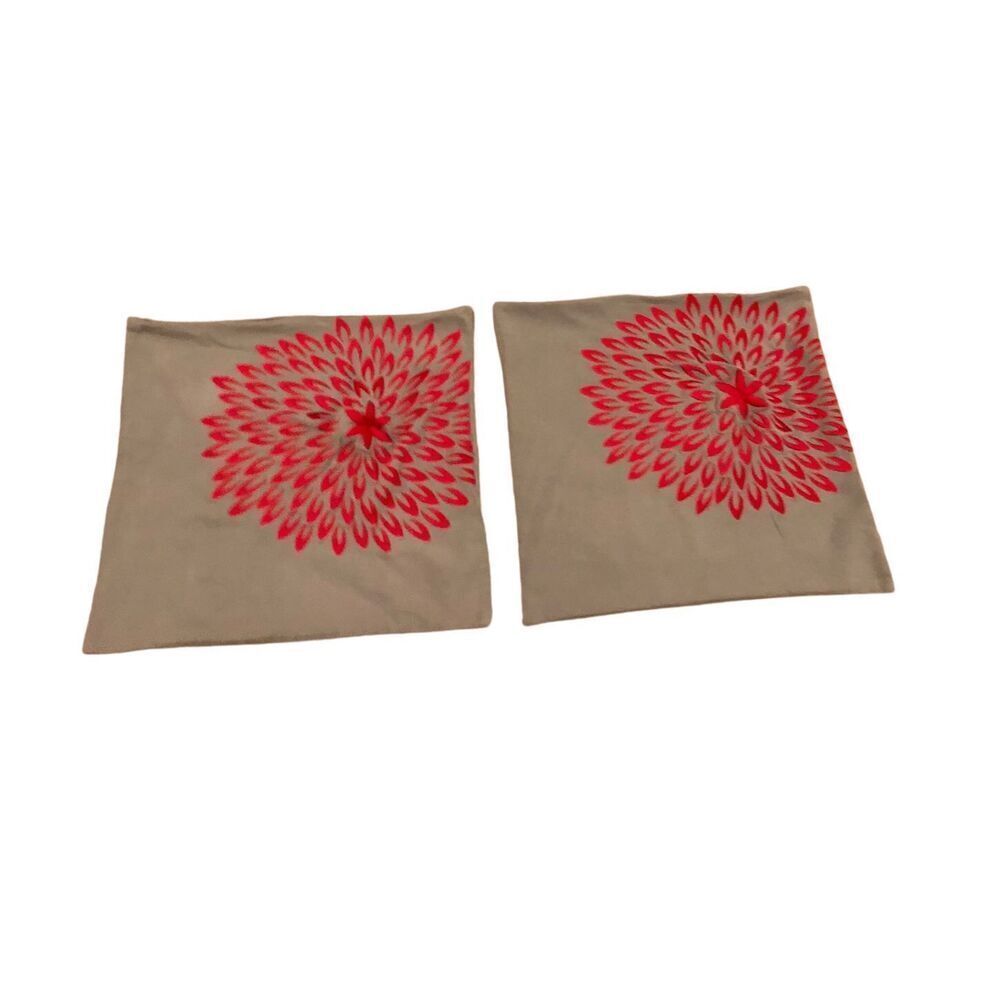 2 22” x 24” Pillow Covers Grey with Red Embroidered Flower Sunburst Full Zip Was